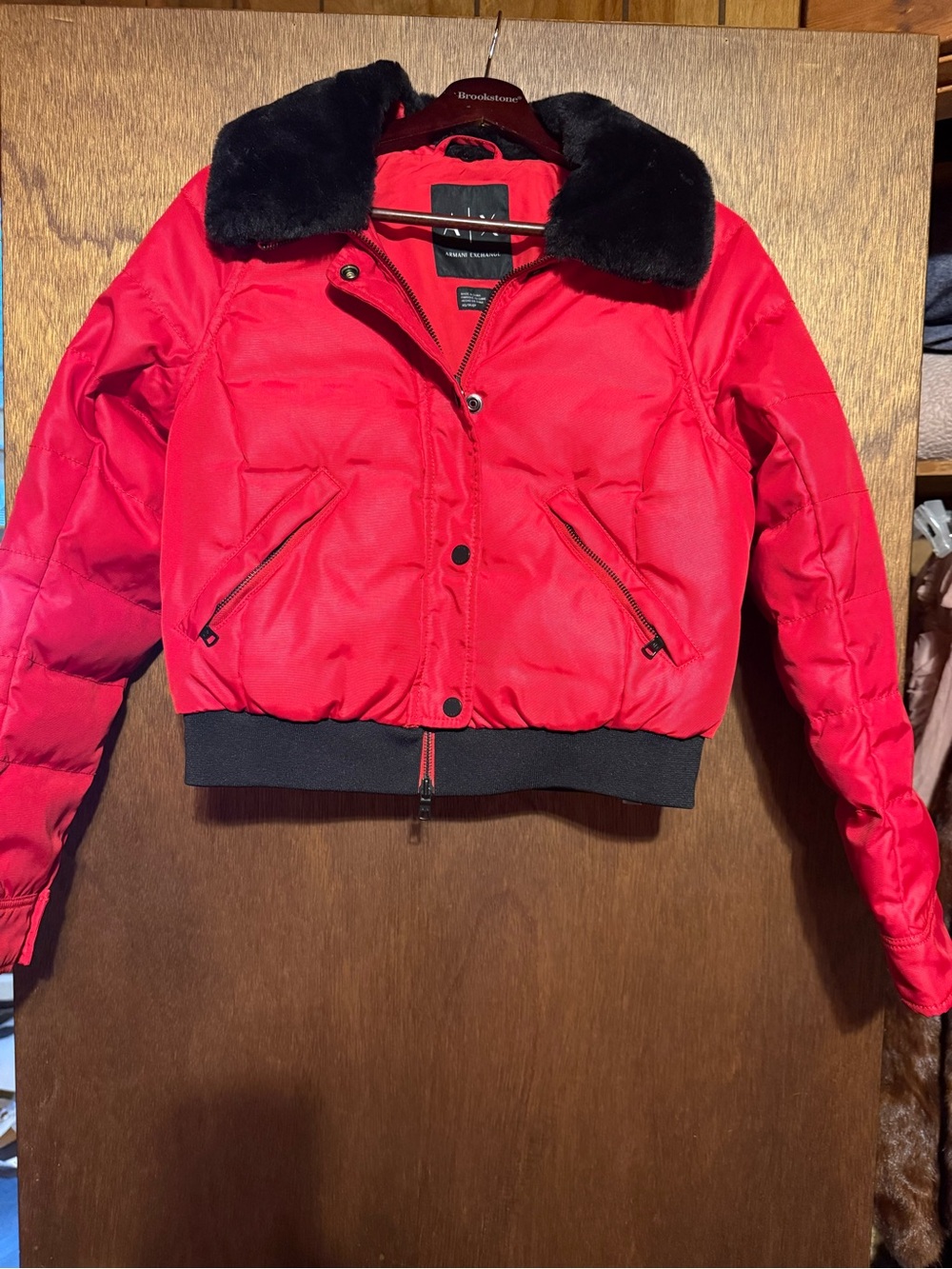 Armani Exchange Red Bomber Jacket with Black Faux Fur Collar Size XS